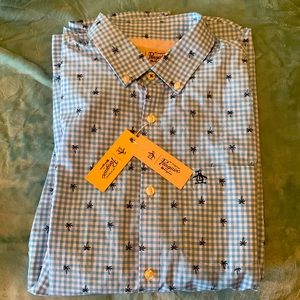 Penguin mens casual button down shirt. Light blue with palm tree detail.